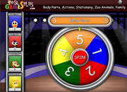 body parts, action, family, zoo animals, wheel game